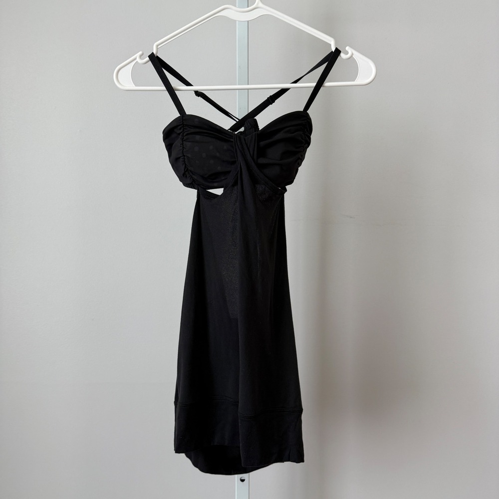 Lululemon Size 4 Black Tank Top Strappy Cutout Ruched Polka Dot Yoga Activewear